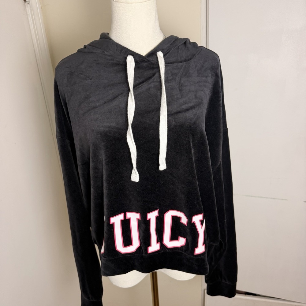 Juicy Couture Medium Velvet Velour Cropped Hoodie Sweater Cut Off Varsity Logo
